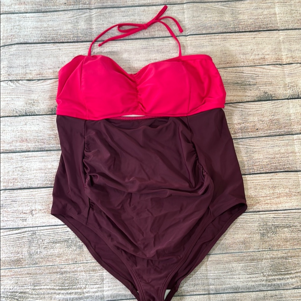 Maternity Motherhood Pink and Burgundy One-Piece Swimsuit Size Large